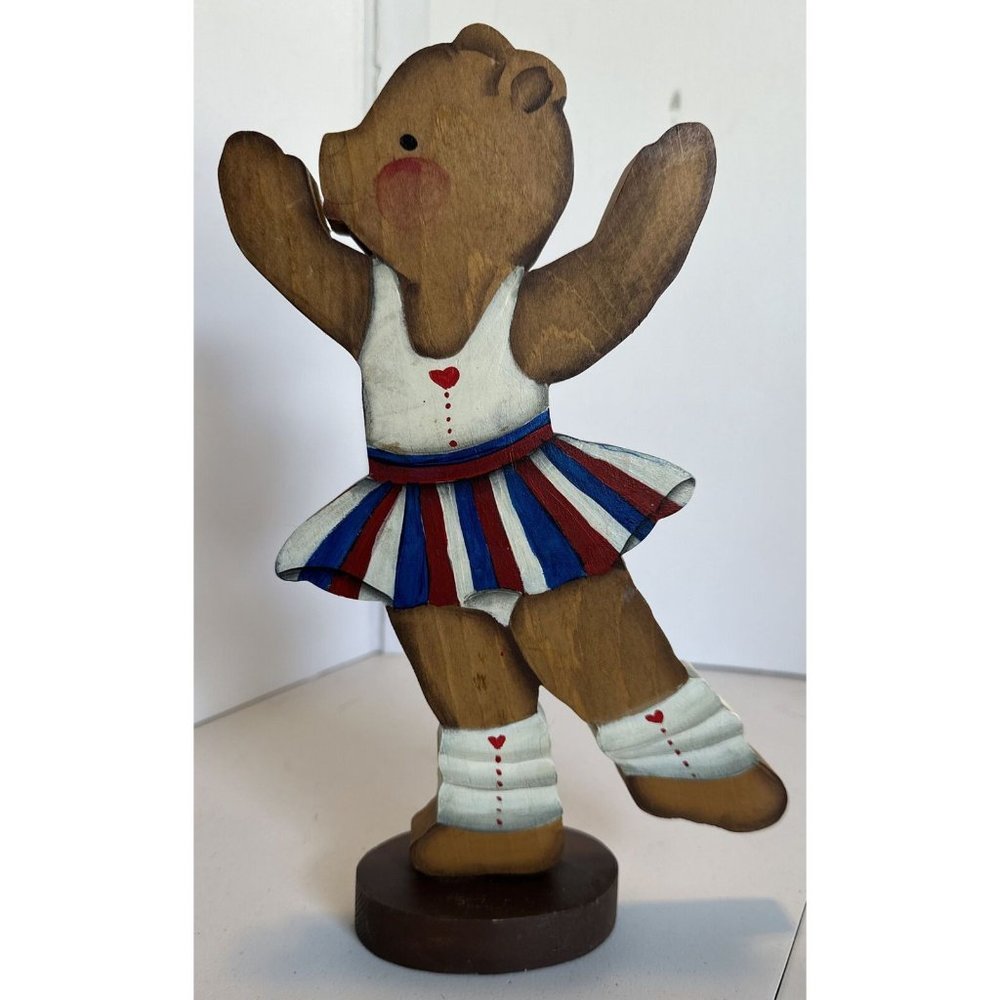 Hand Carved Painted Dancing Teddy Bear In Red White Blue Nursery Decor 10.5” VTG